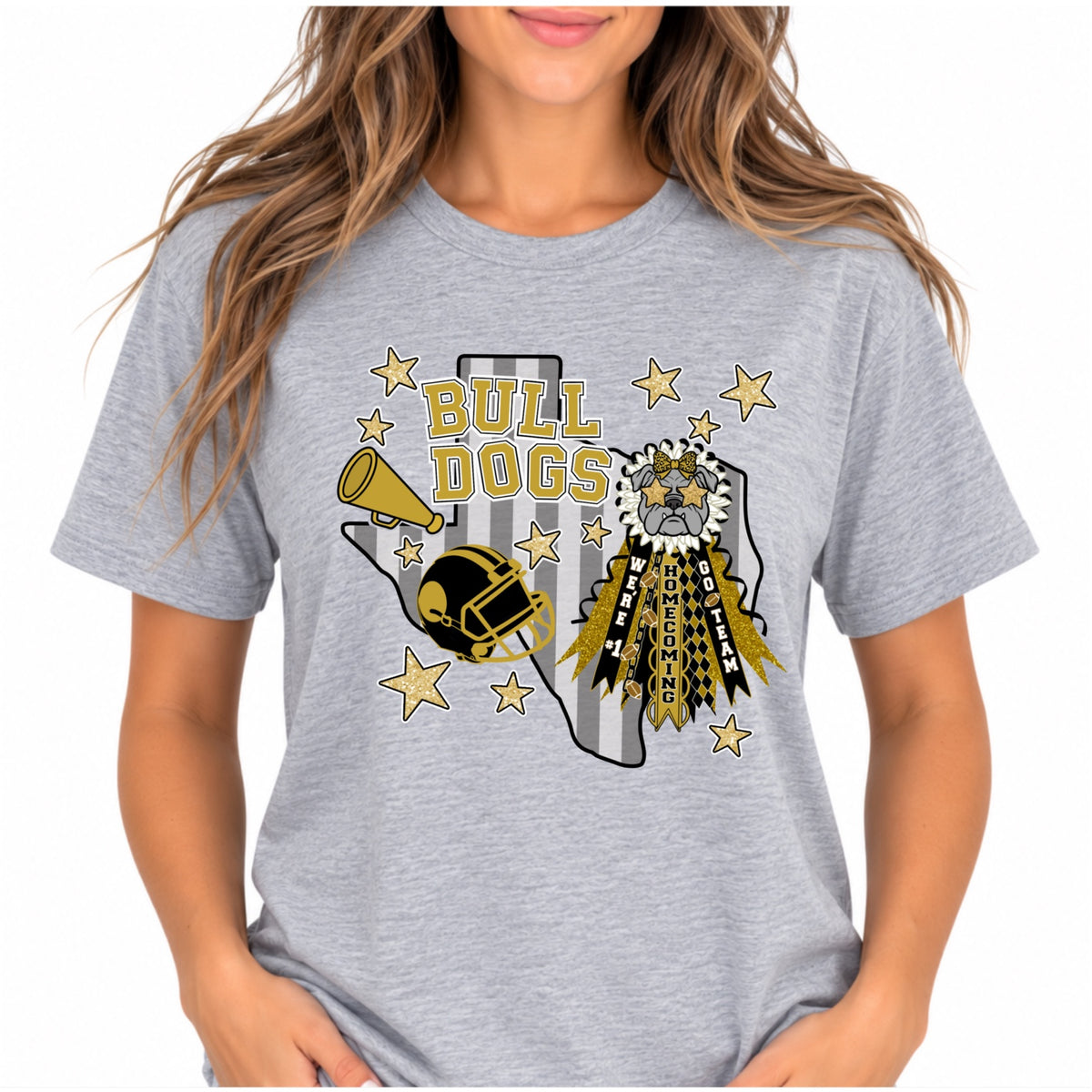 RCYSDL Bulldogs Homecoming Mum Tee in sport gray with gold, black and white design