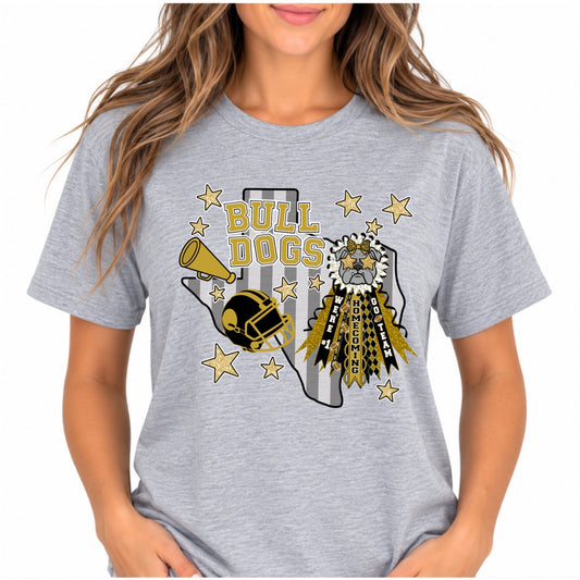 RCYSDL Bulldogs Homecoming Mum Tee in sport gray with gold, black and white design