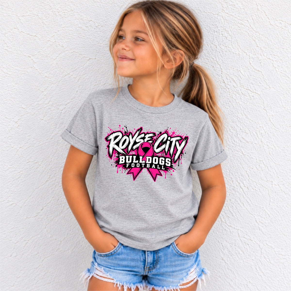 RCYSDL Pink Out Bulldogs Football tee youth mockup in Gildan Sport Grey