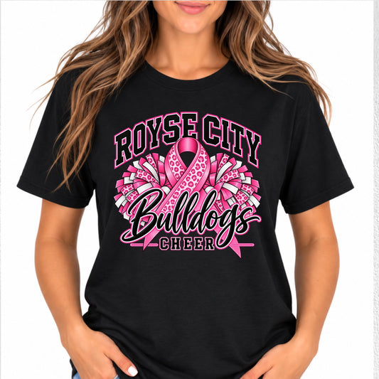 Royse City Bulldogs Cheer Pink Out shirt on black adult tee