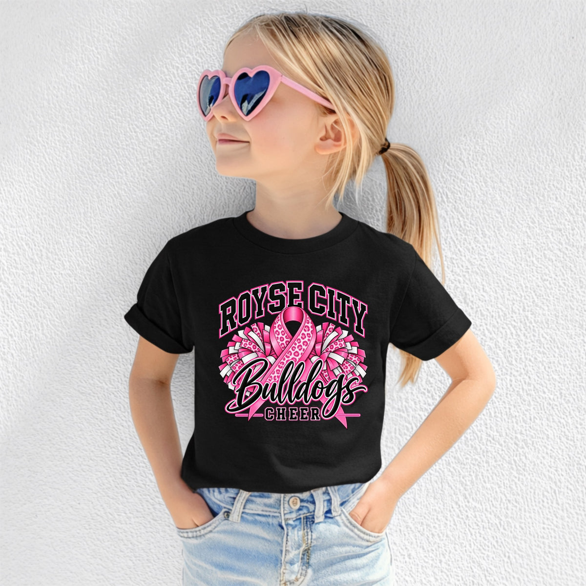 Royse City Bulldogs Cheer Pink Out shirt on black youth tee
