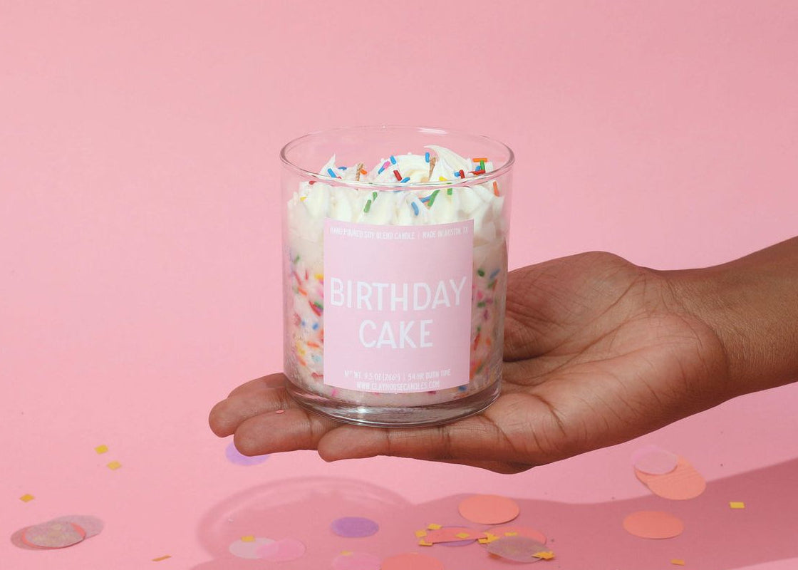 Birthday Cake candle in glass jar with sweet vanilla celebration scent