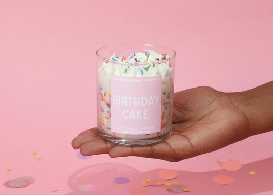 Birthday Cake candle in glass jar with sweet vanilla celebration scent