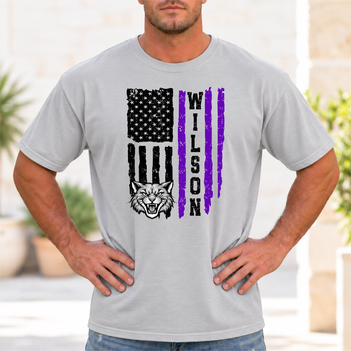 Ice Gray Wilson Wildcats distressed black and purple flag tee