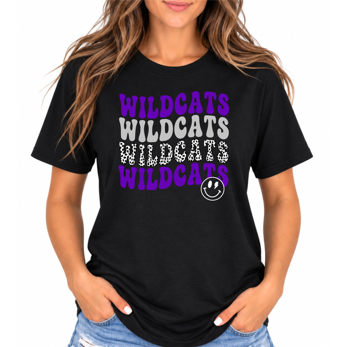 Black Wilson Wildcats retro stacked purple gray animal print tee