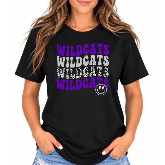 Black Wilson Wildcats retro stacked purple gray animal print tee