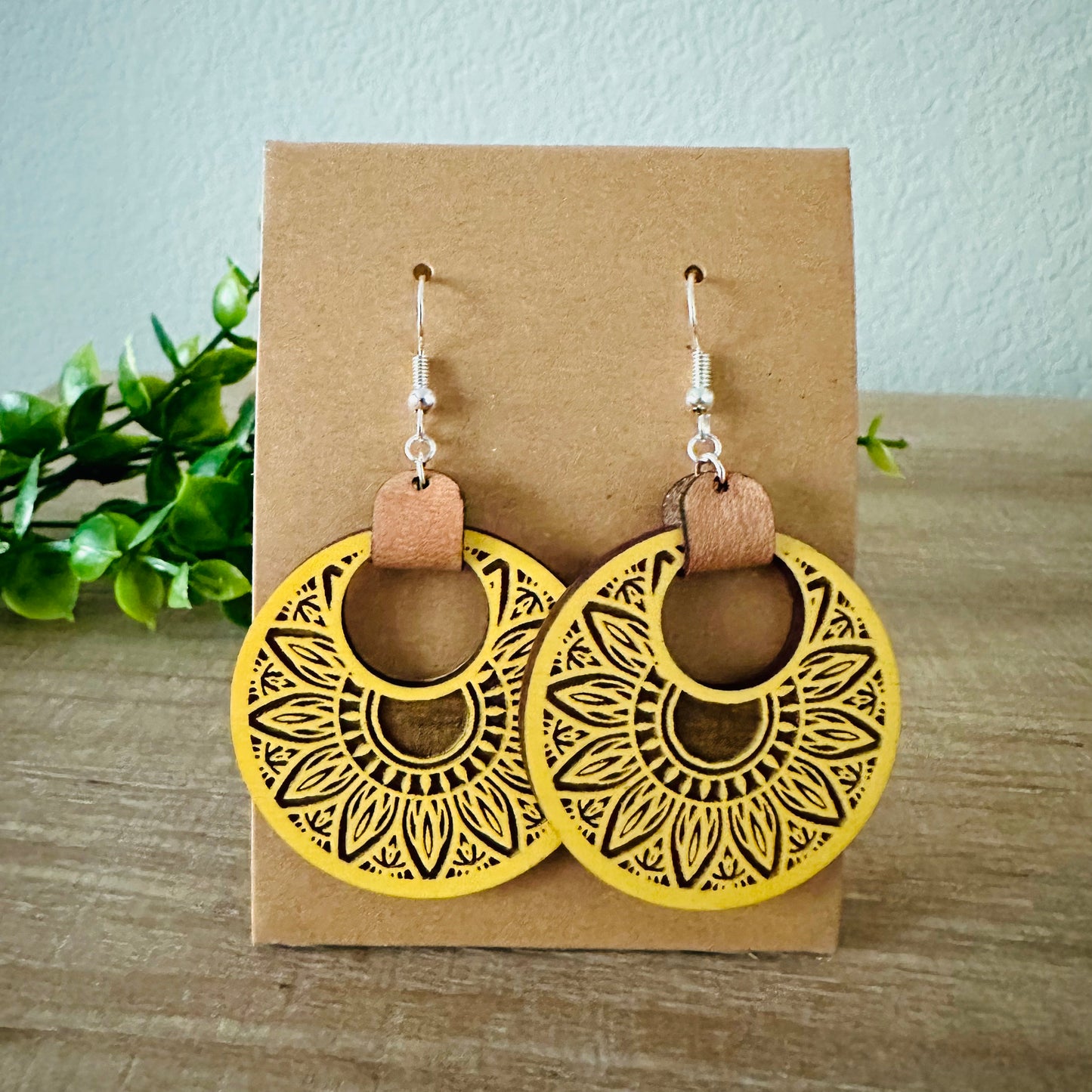 Mirasol | Boho Chic Sunflower Wood and Leather Earrings