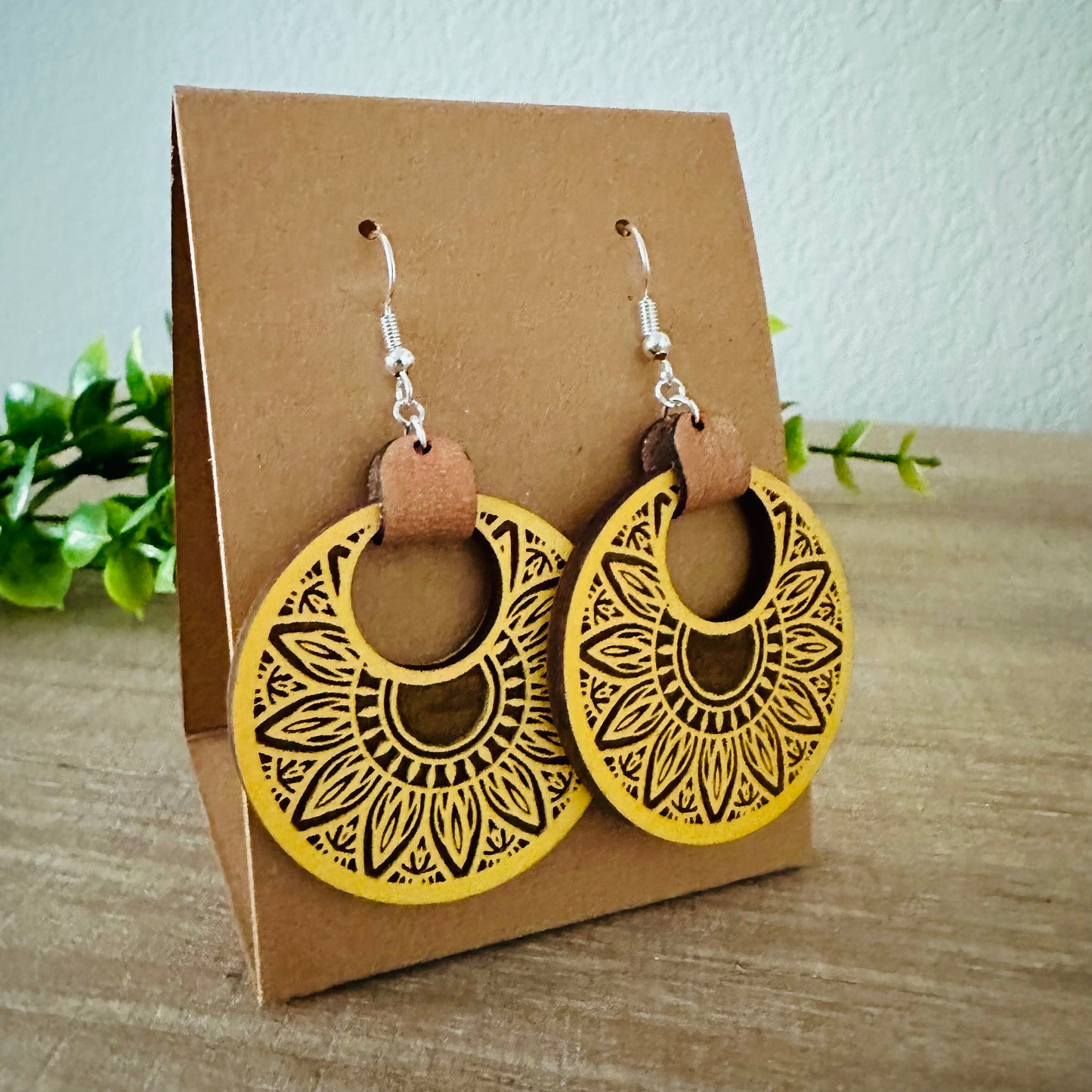 Mirasol | Boho Chic Sunflower Wood and Leather Earrings