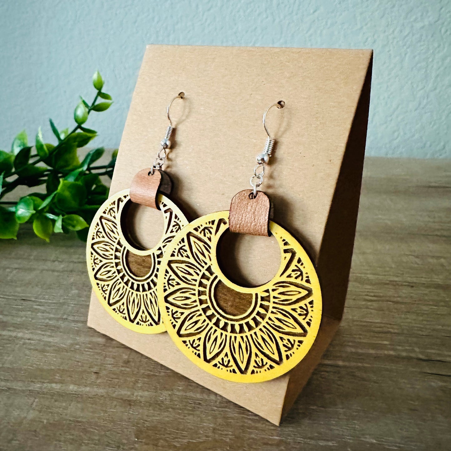 Mirasol | Boho Chic Sunflower Wood and Leather Earrings